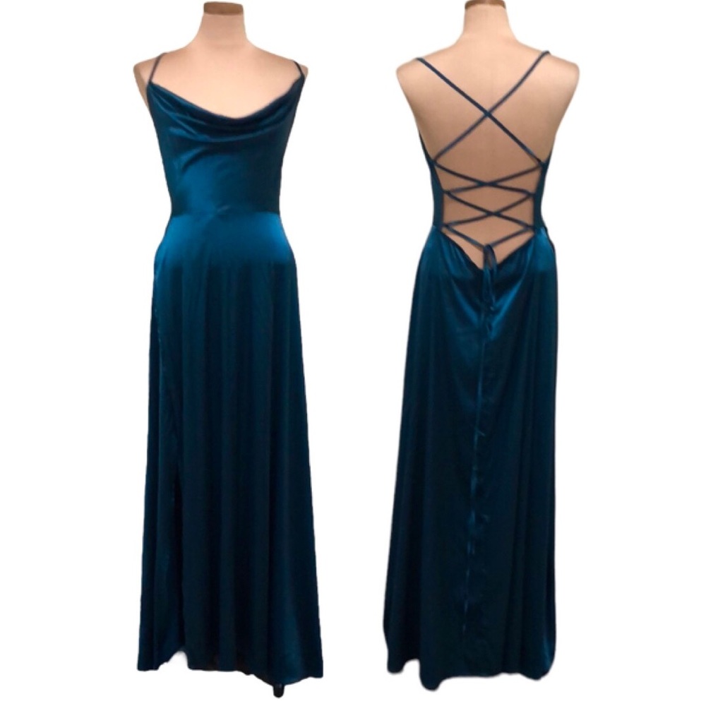 Lulu’s Formal Gown Maxi Dress Size Large Teal Cowl Neck Lace Up Corset Back Slit